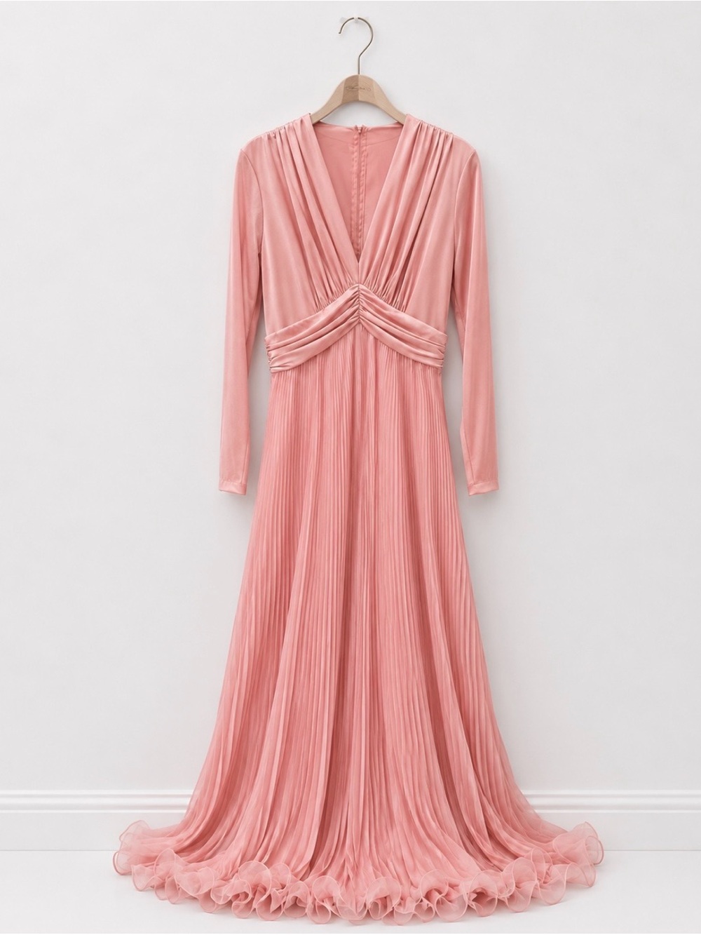 Miss Elliette Blush Pink Pleated V-Neck Long Sleeve Evening Dress